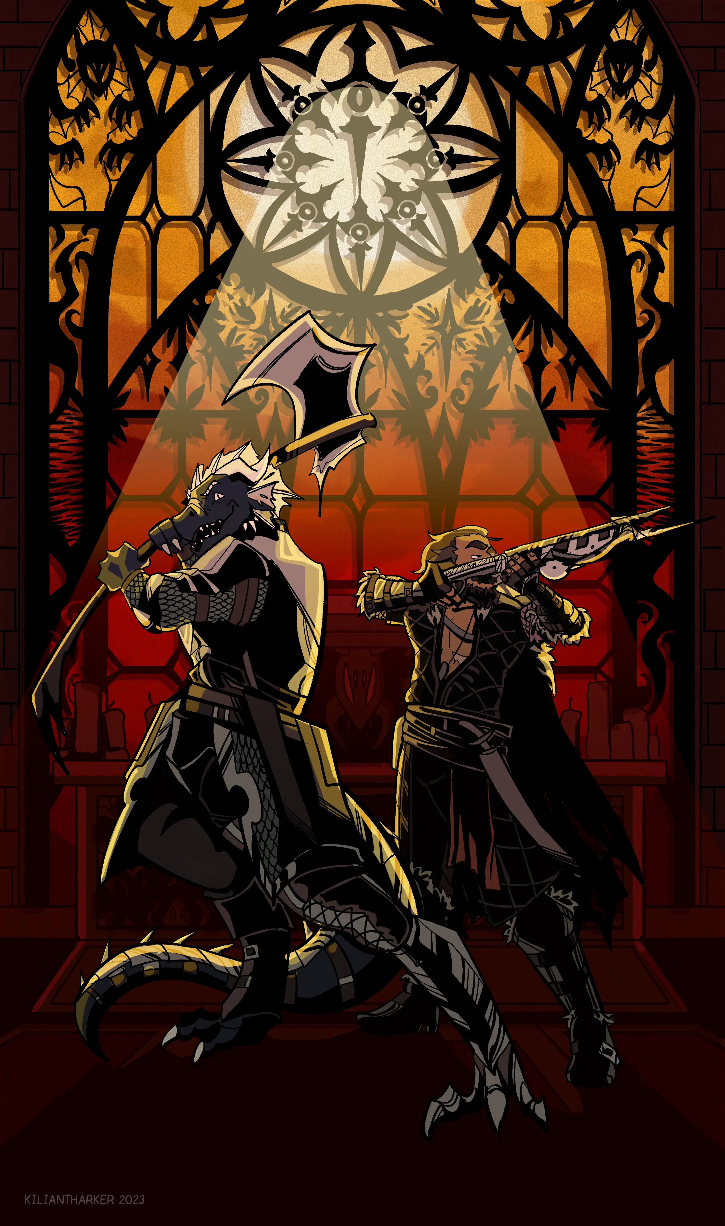 A stylized drawing of a draconic man with an axe and a human man with a crossbow, about to swing and shoot.